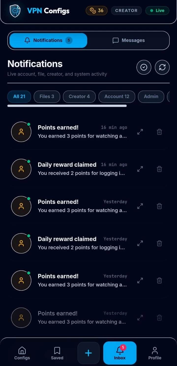 VPN Configs - Inbox Screen
