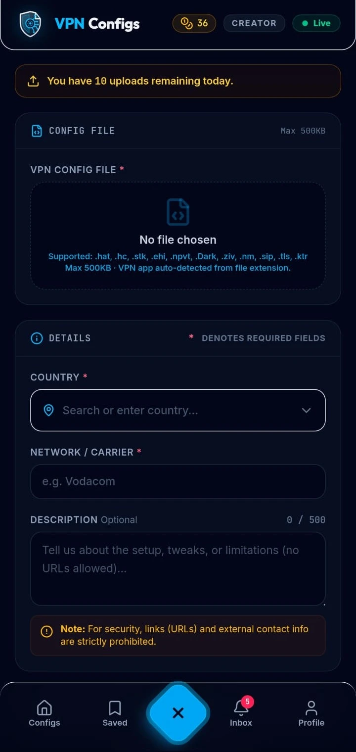 VPN Configs App - Creator Upload Interface
