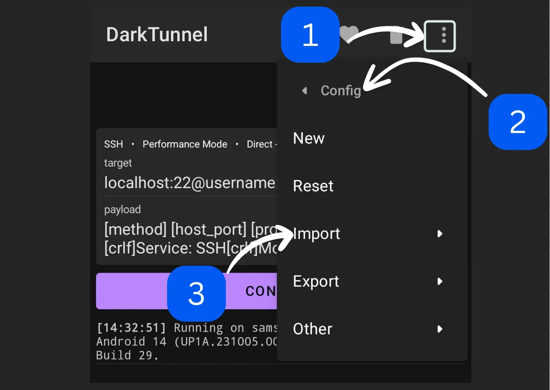 Import Config menu in Dark Tunnel